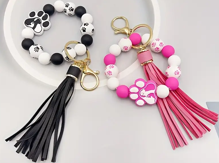 Silicone Dog Paw  and  Paw Prints Beaded Keychain