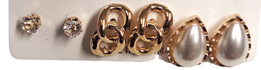 Crystal Gold  Studs, Links, and Pearl Drop Earring Set