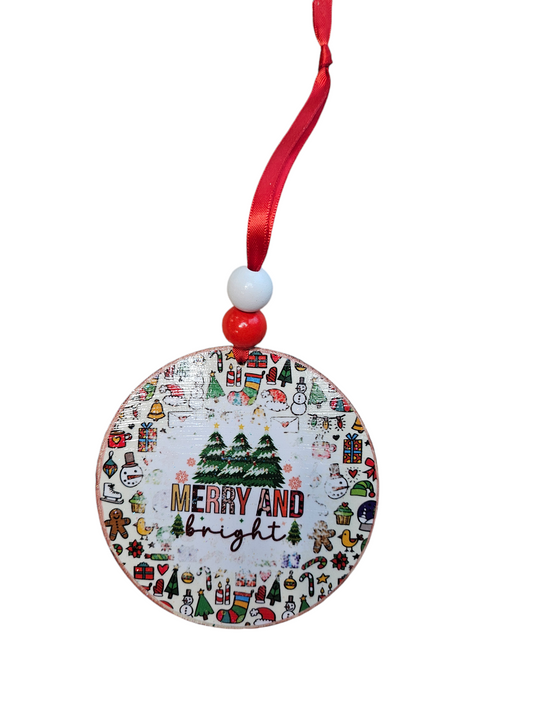 Beaded  Christmas Merry and Bright Wood Ornament