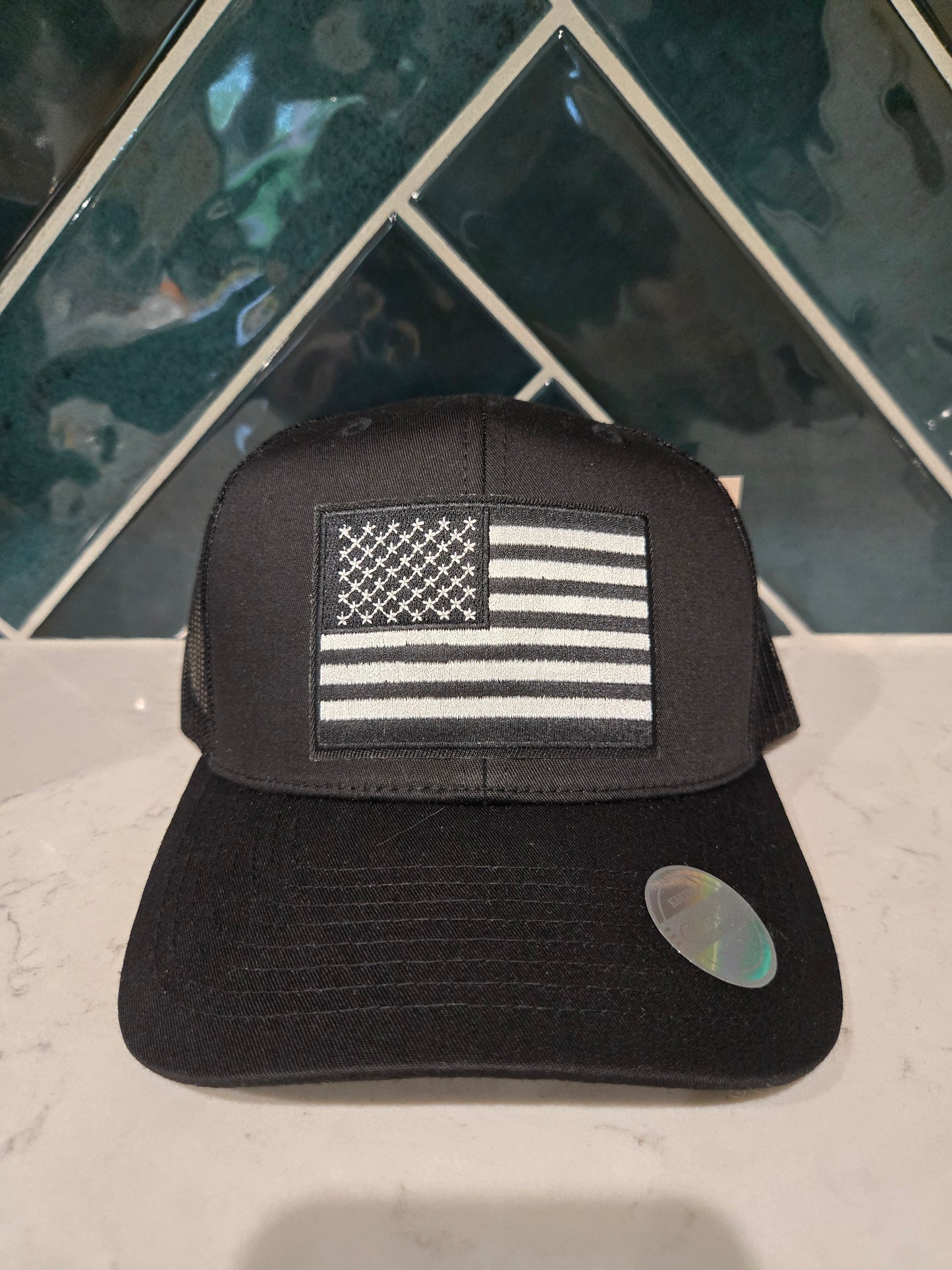 Black and White American Flag Patch 6 Panel Mesh Cap