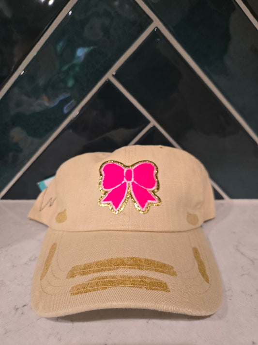 Hot Pink Coquette Bow Patch Distressed Baseball Cap