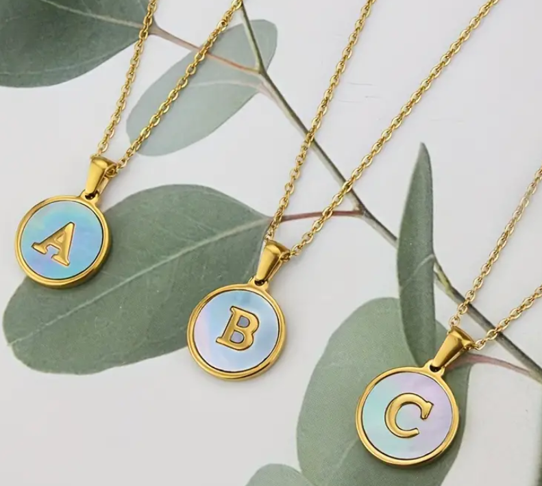 Round Blue Shell Letter Necklace Titanium Steel