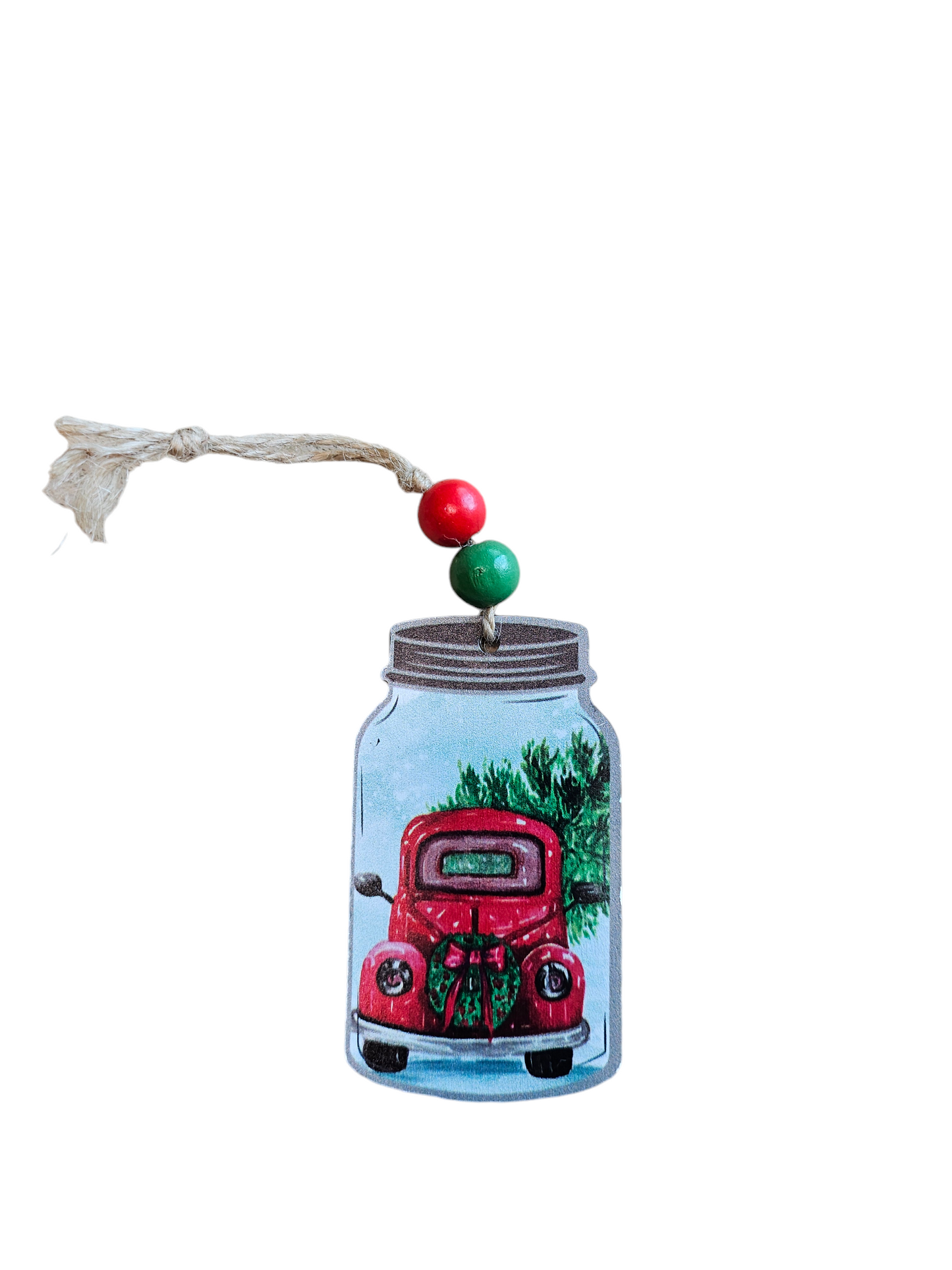 Red Truck  With Wreath  Mason Jar Ornament
