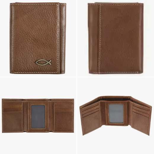 Brown Leather Trifold Wallet with Fish