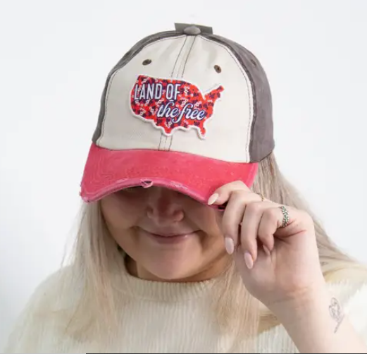 "Land of the Free" Patch On Tan, Brown and Red Hat
