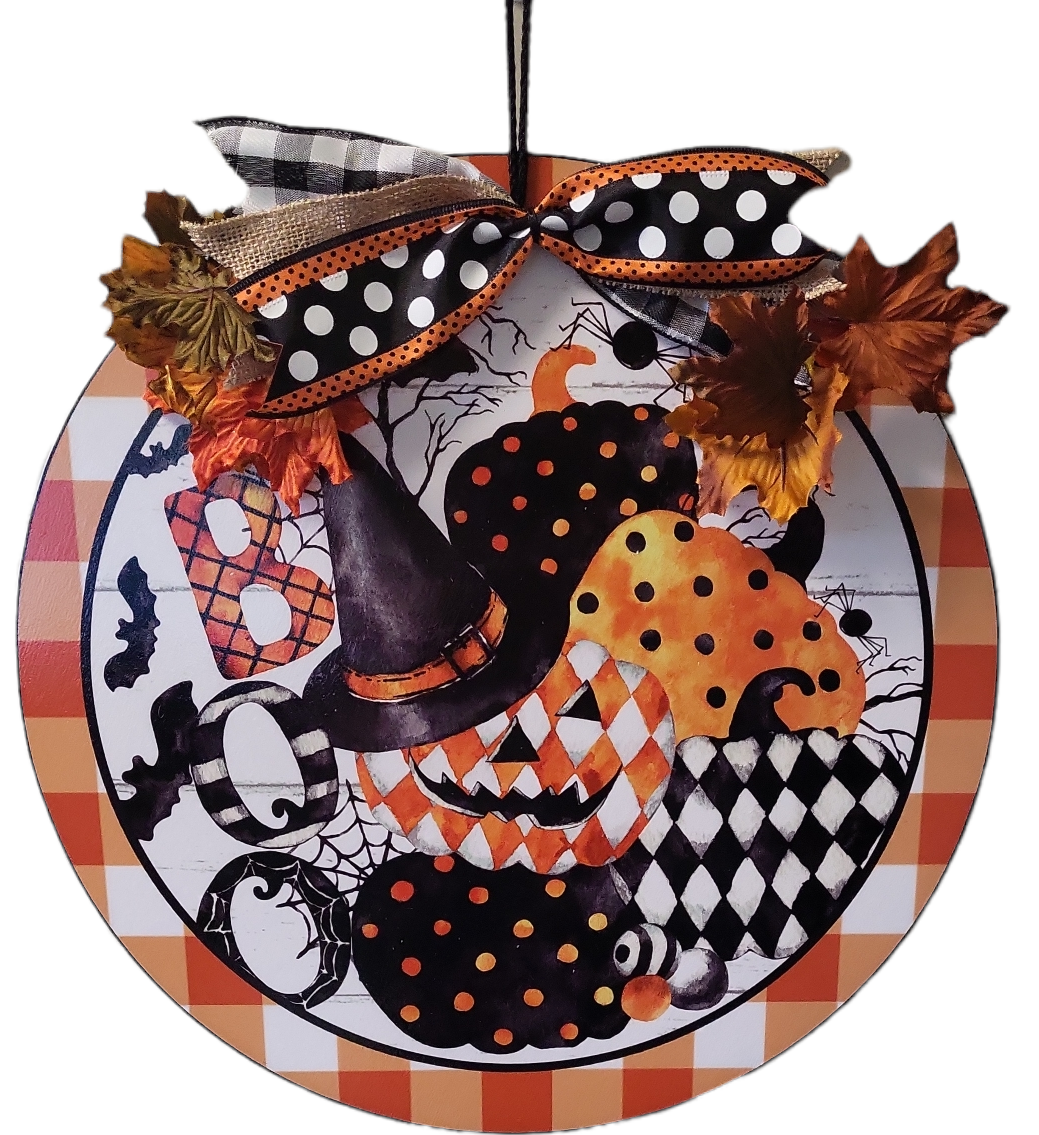 Halloween Boo! Plaid Pumpkins Round Sign