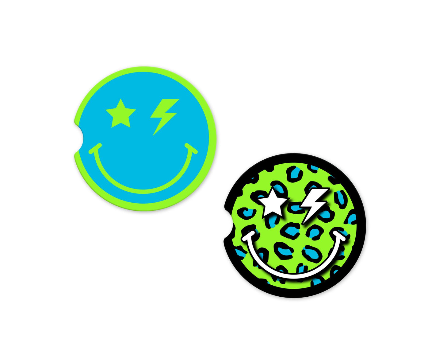 Blue Leopard Lime Green Smiley Car Coasters