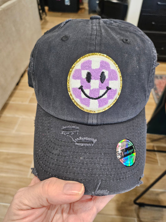 Black Vintage Embroidered Purple Check Smiley Baseball Cap