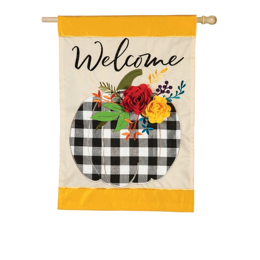 Welcome Floral Plaid Pumpkin House Applique Flag