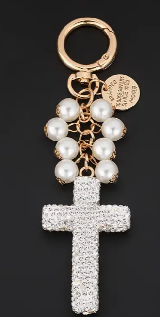 Crystal Cross With Pearls &  Coquette Bow Keychain