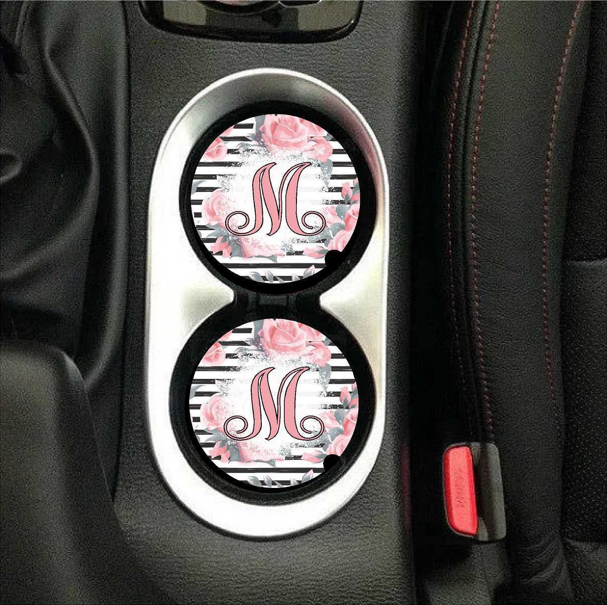 Rose Stripe Monogram Car Coasters