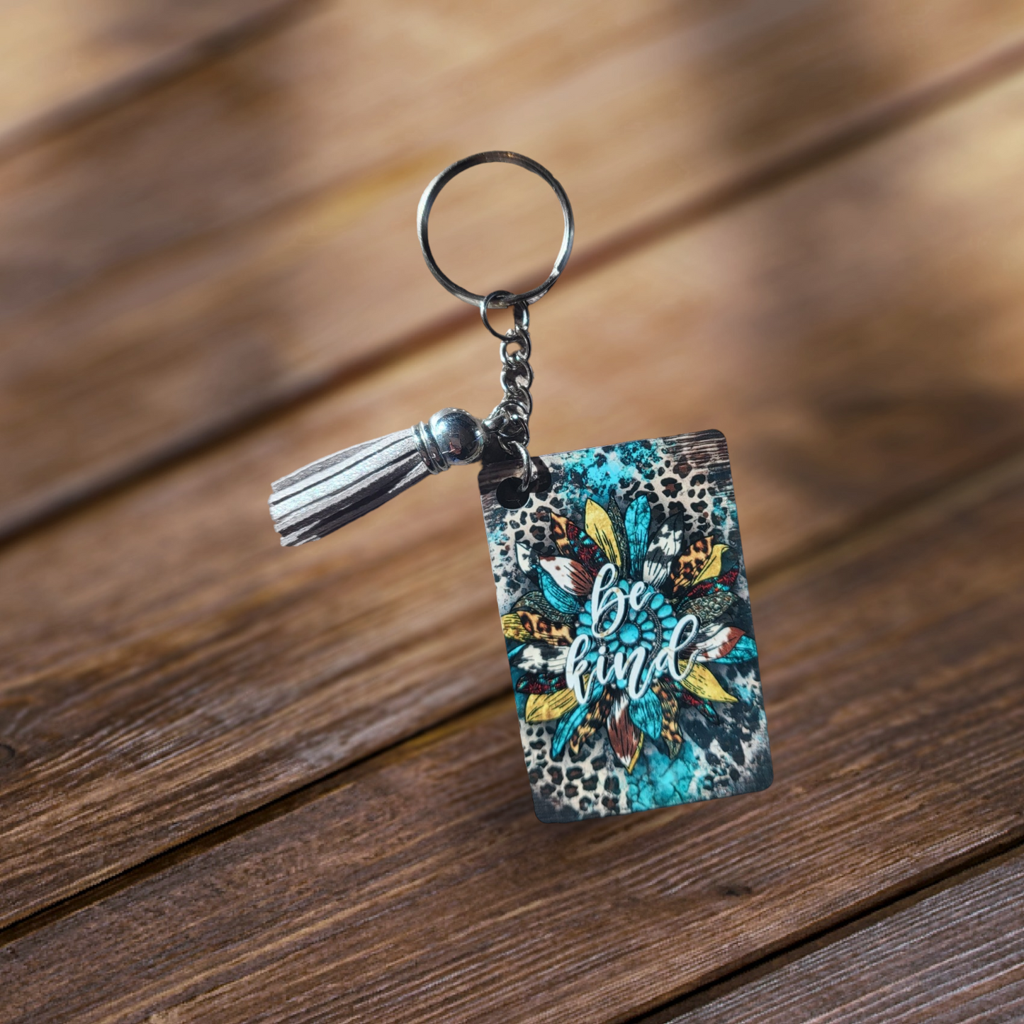 BE Kind Leopard Sunflower Keychain with Tassel