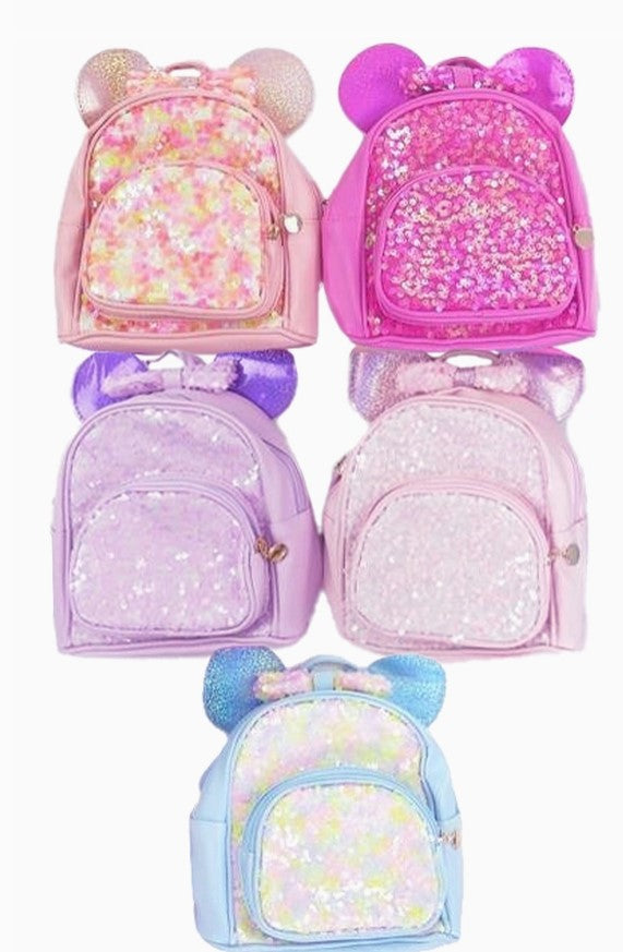 Sequins Embellished Ear Bow PU Leather Back Pack