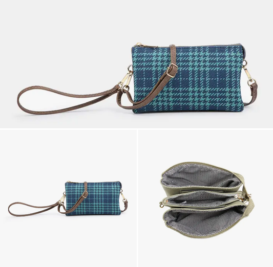 Riley Navy/Teal Plaid Compartment Crossbody/Wristlet