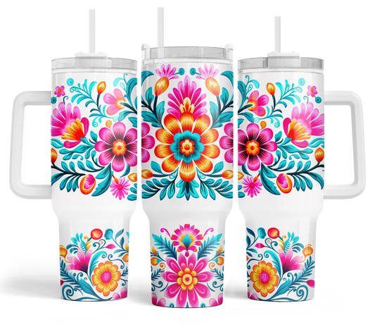 40oz. Mexican Flowers Tumbler with Handle