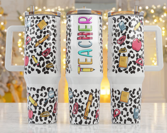 40oz. Teacher Leopard Tumbler with Handle