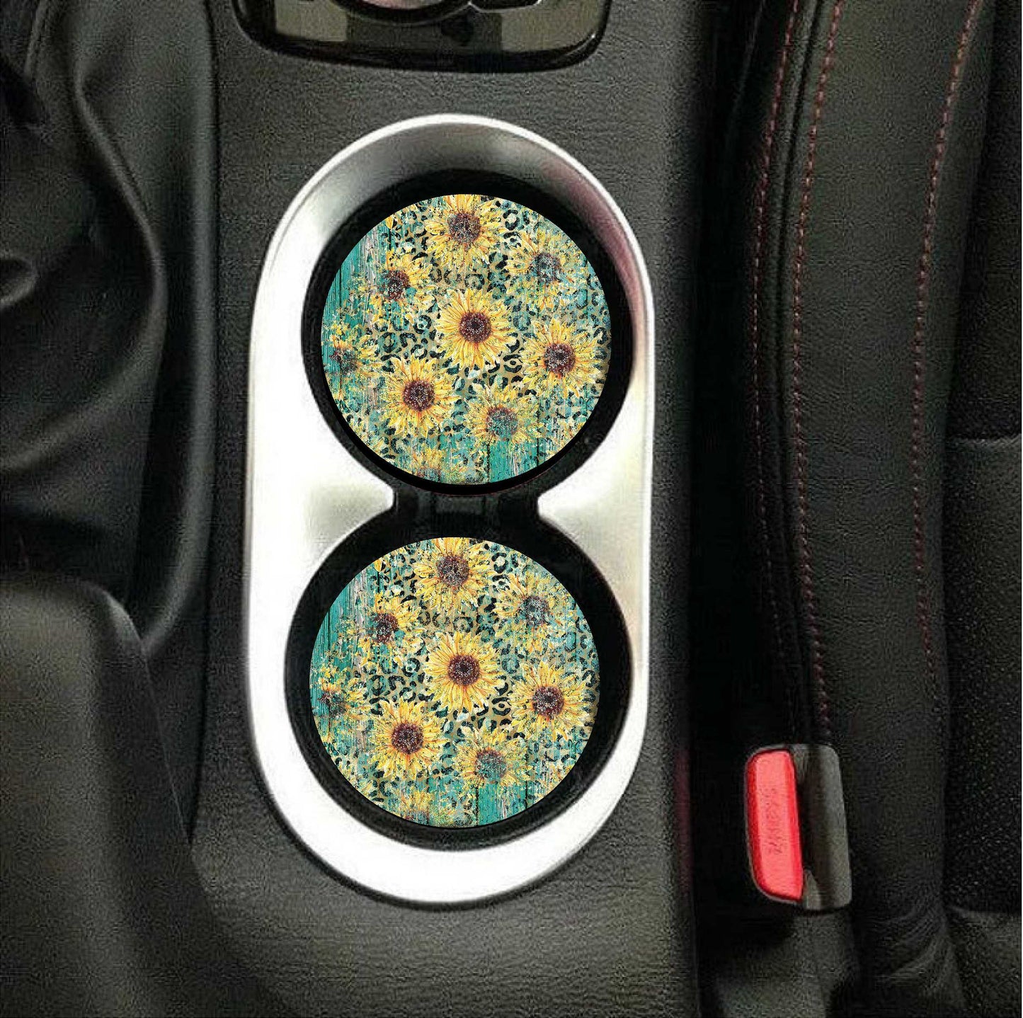 Turquoise Sunflower Leopard Car Coasters