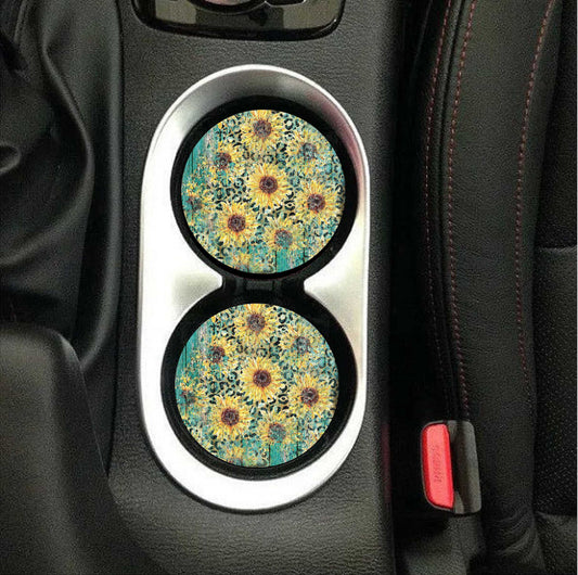 Turquoise Sunflower Leopard Car Coasters