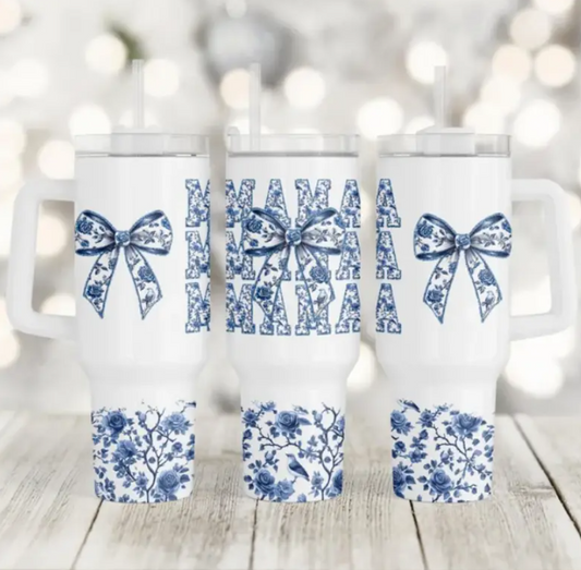 40oz Blue Coquette Mama Tumbler w/Handle