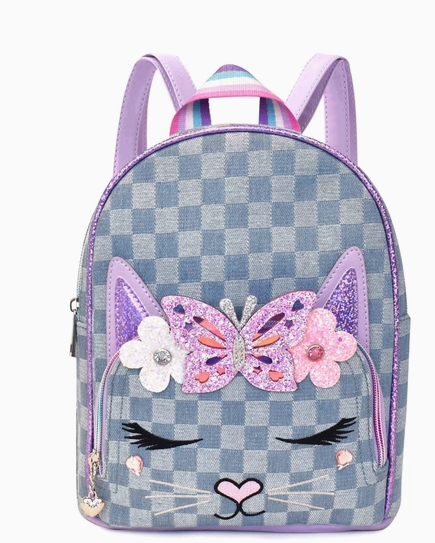Miss Bella Kitty Cat Denim Checkerboard Mini Backpack