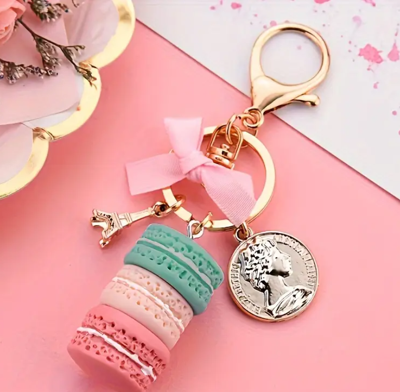 Chic Macaron Cake Keychain with Pink Bow