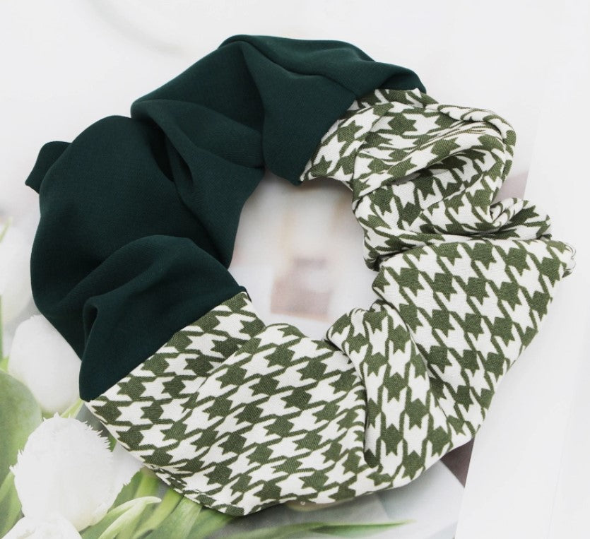Houndstooth/ Solid Color Faux Silk Scrunchie