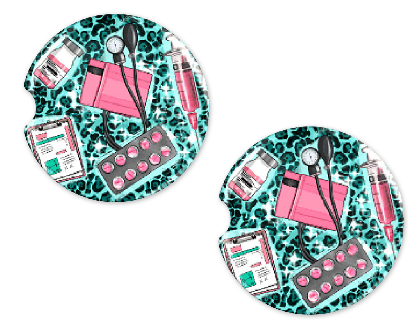 Teal Animal Print with Medical Supplies Car Coasters