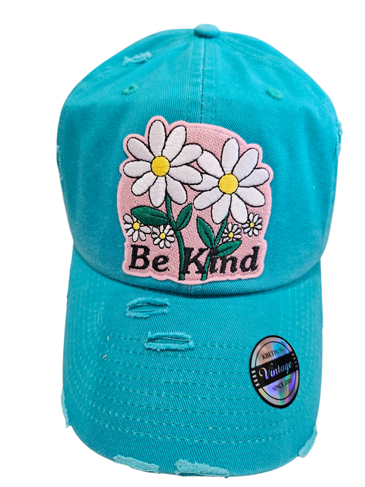Vintage Turquoise Embroidered Be Kind Patch Ball Cap