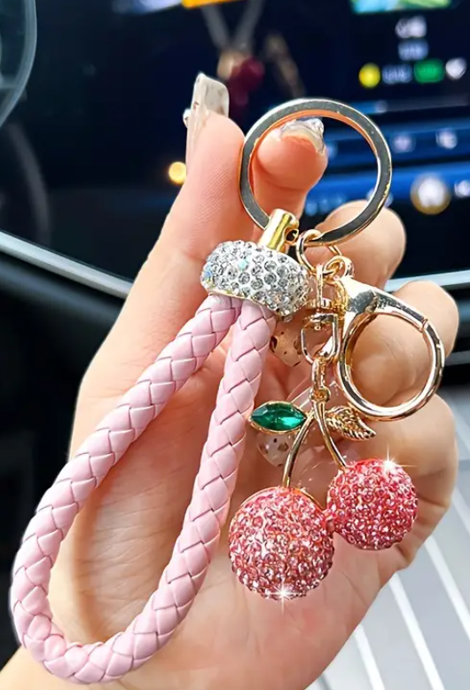 Cherry Pendant Keychain with Rhinestone Accents & Braided PU Leather Strap