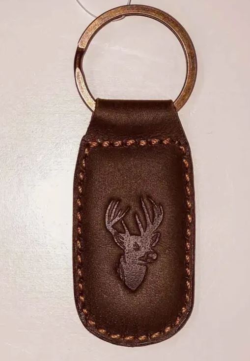 Deer Leather Embossed Keychain Dark Brown