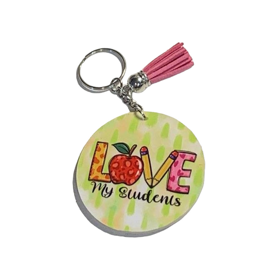 Lime Green Pattern " Love My Students" Keychain with Tassel