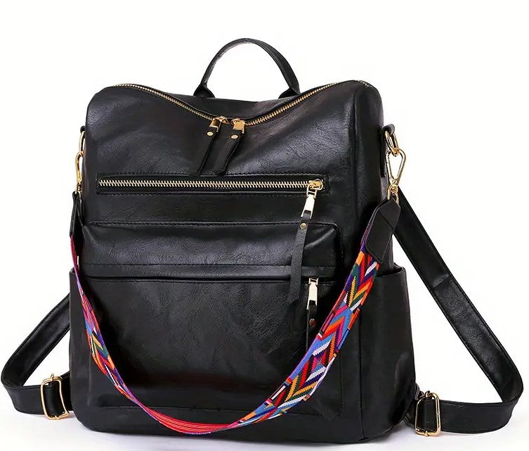 Black Convertible PU Leather Daypack In 3 Ways To Carry