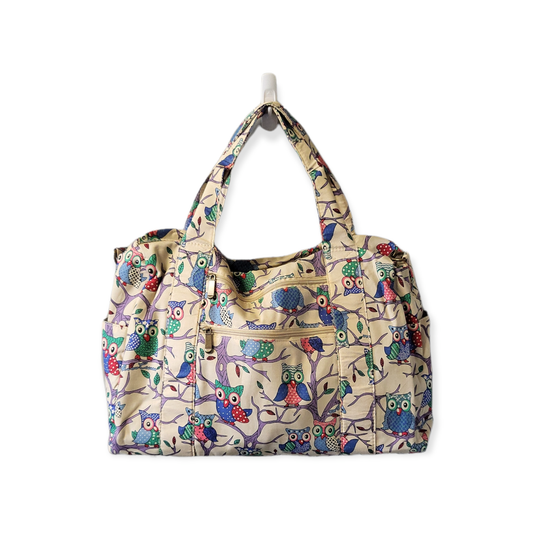 Colorful Owls on Beige Fabric Duffle Bag