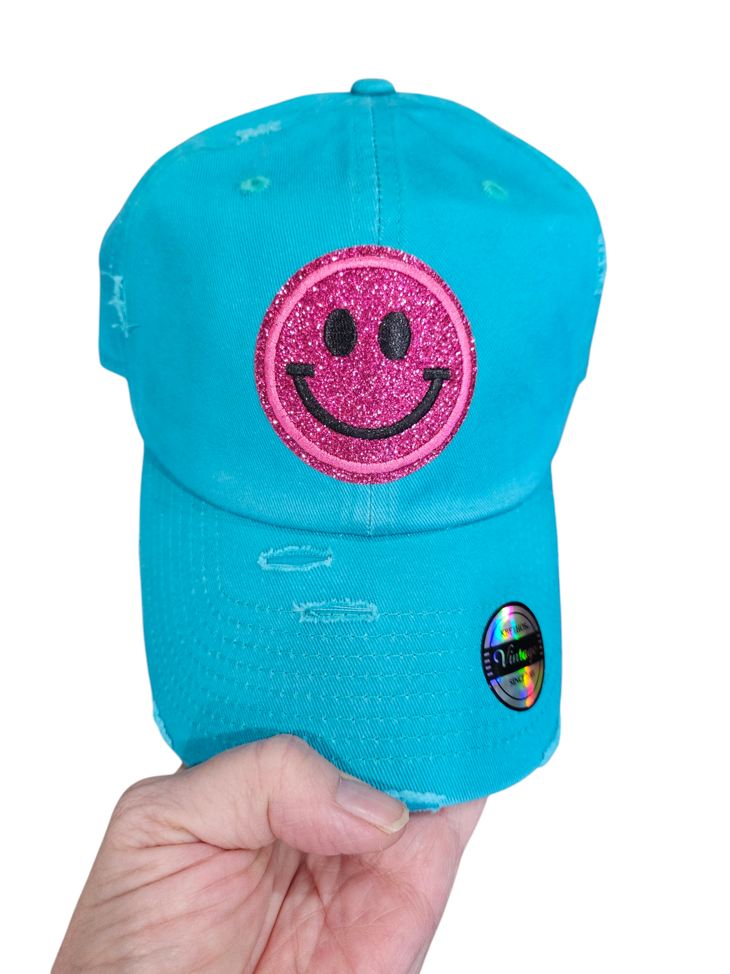 Vintage Turquoise Glitter Smiley Face Ball Cap