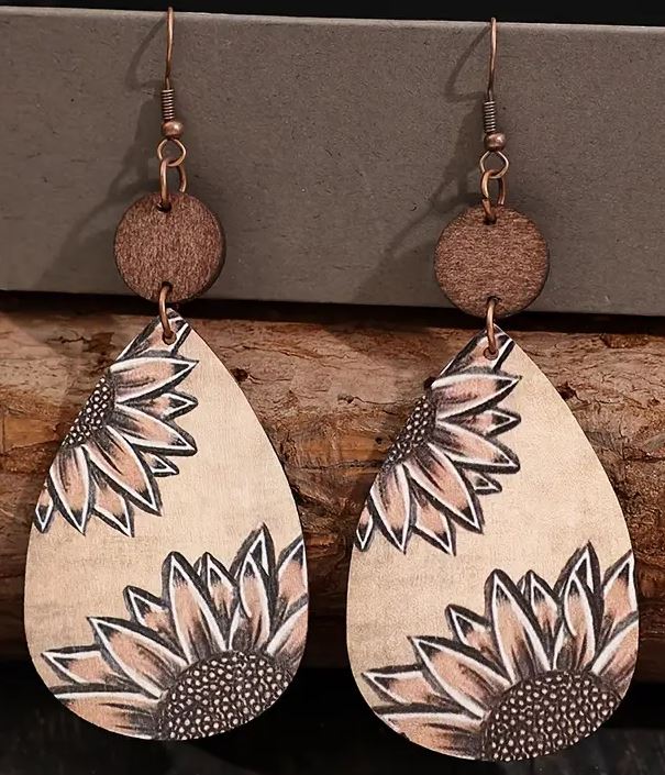 Droplet Sunflower Wood Earrings