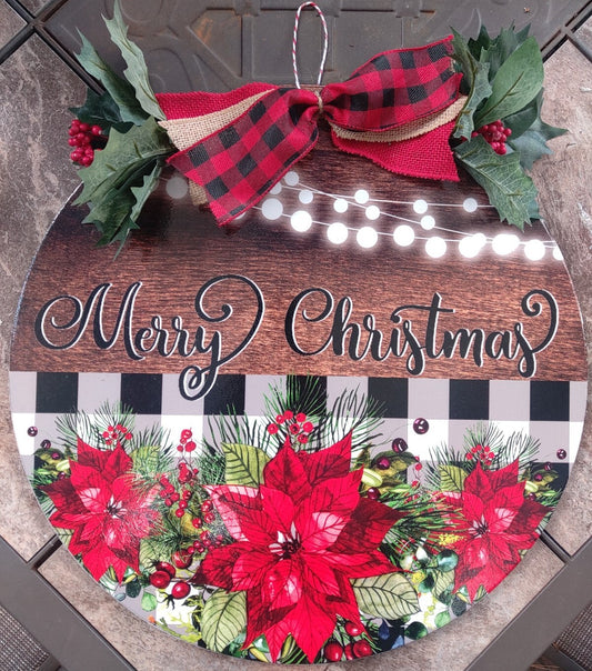 Merry Christmas w/ Red Poinsettias Round Door Hanger