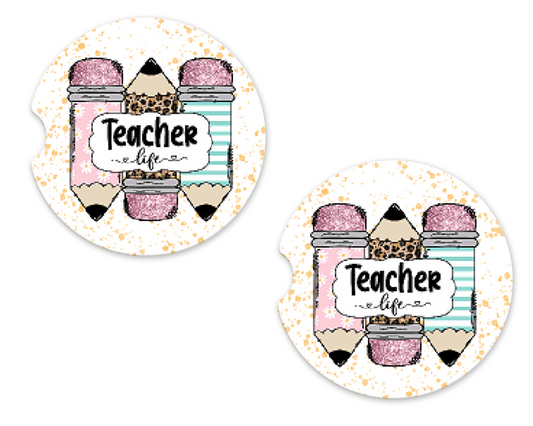 Daisy, Leopard, Stripe Pencils Teacher Life Car Coasters