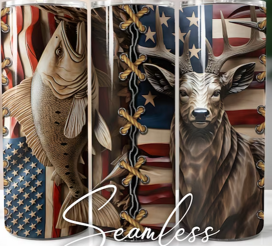 30oz Tumbler -3D Fish and Deer American Flag