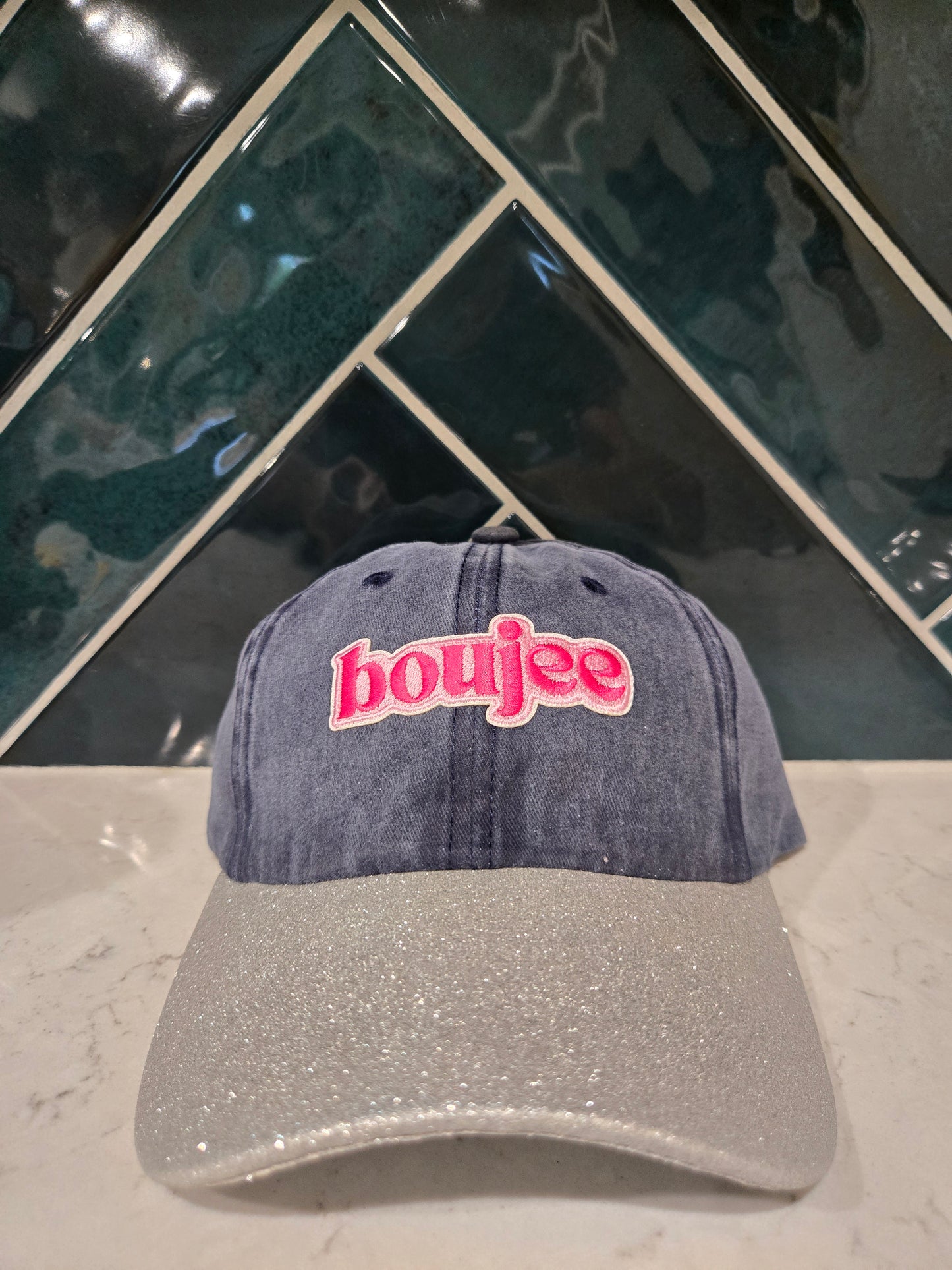 Boujee Patch Vintage Blue with Silver Glitter Brim Baseball Cap