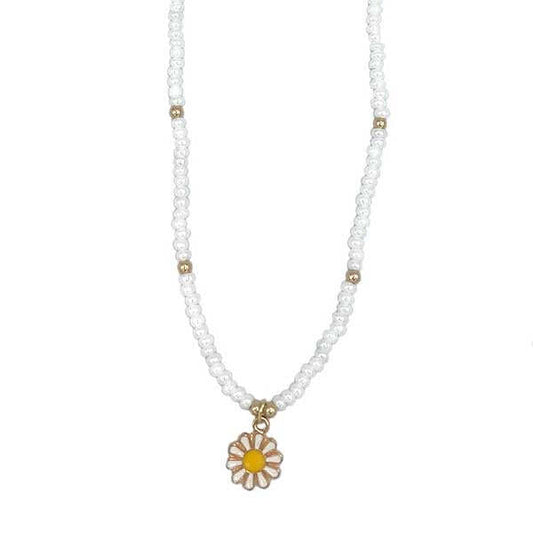 White and Gold Beaded Necklace with Enamel Daisy Pendant