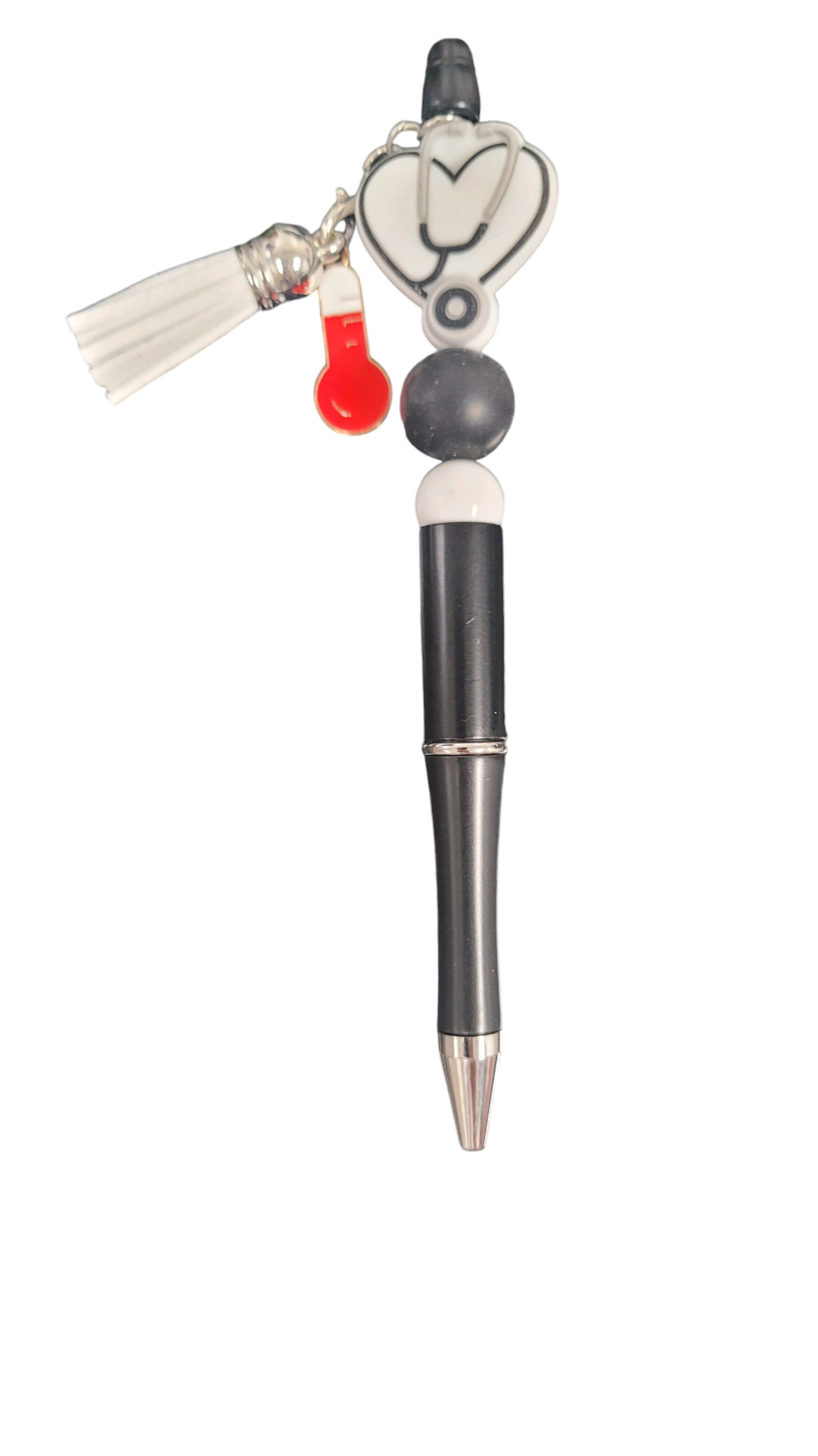 White Heart Stethoscope Beaded Black Pen with Tassel