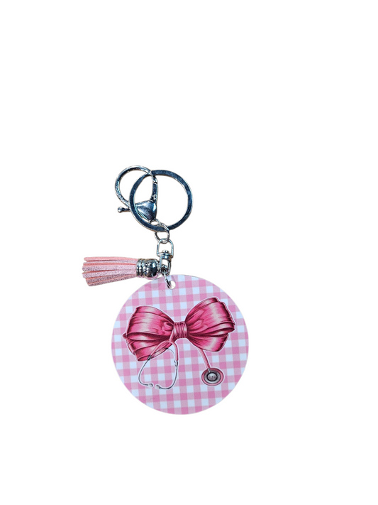 Pink Gingham Coquette Stethoscope Key Chain with Tassel