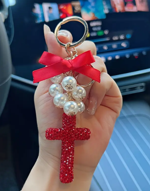 Crystal Cross With Pearls &  Coquette Bow Keychain