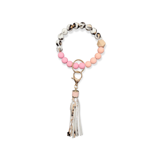Leopard Silicone/Wood Bead Keychain