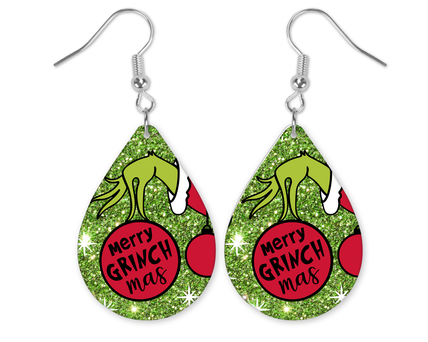 Glitter Green with Grinch Hand Tear Drop Earrings