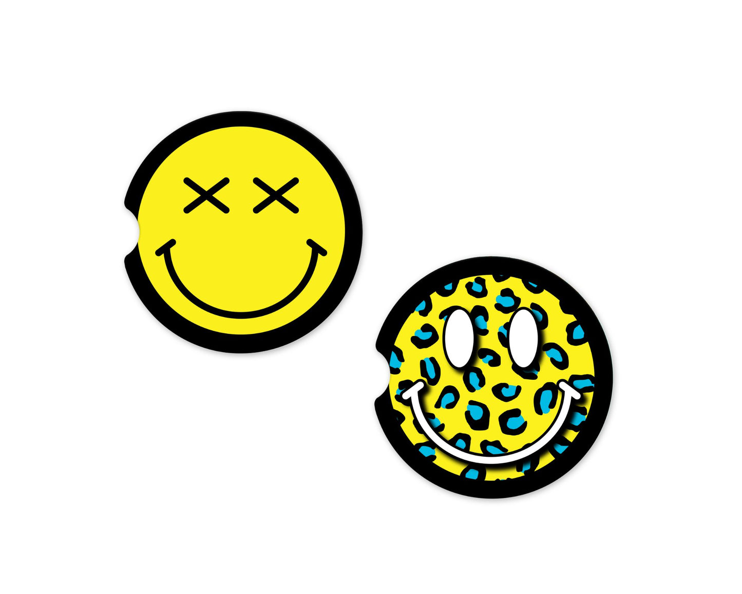 Blue Leopard Yellow Smiley Face Coasters