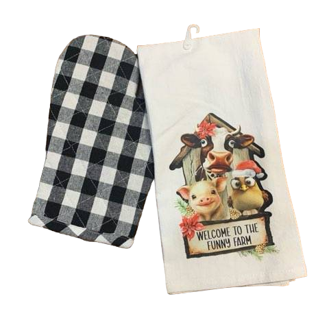 Welcome To The Funny Farm Tea Towel with Oven Mitt Set