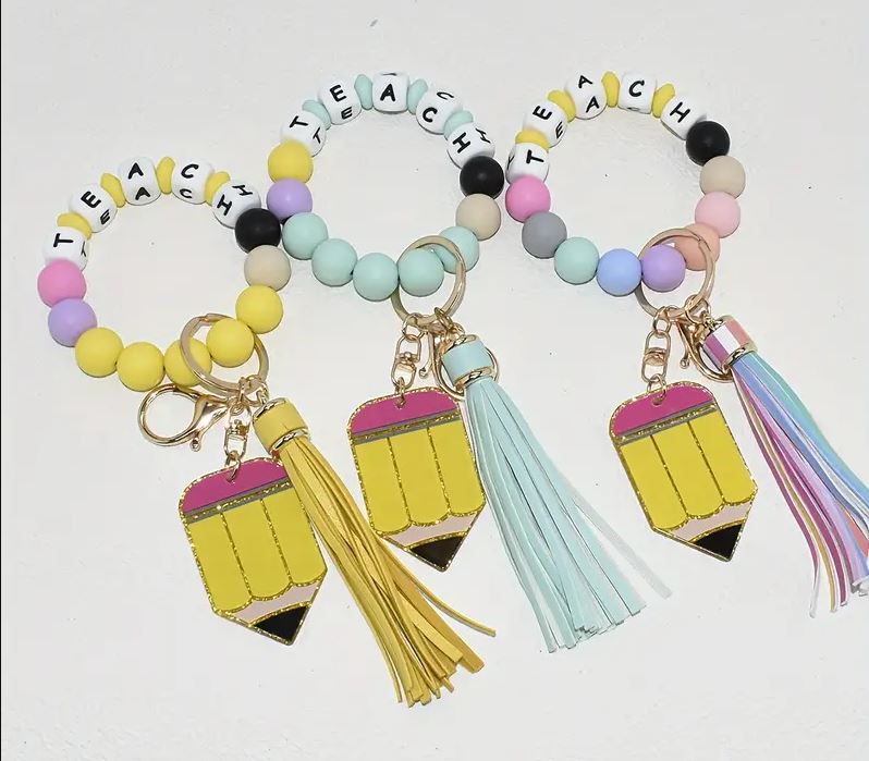 Teacher-Inspired Silicone Beaded Wristlet Keychain with Golden Glitter Pencil