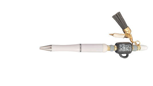 Black Coffee Cup, Gray beads, and Crystal White Pen /Tassel