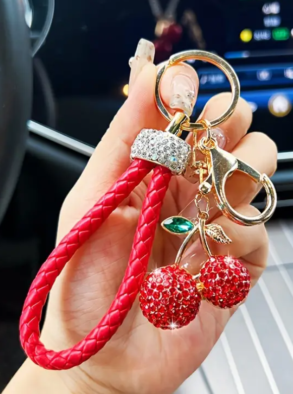 Cherry Pendant Keychain with Rhinestone Accents & Braided PU Leather Strap
